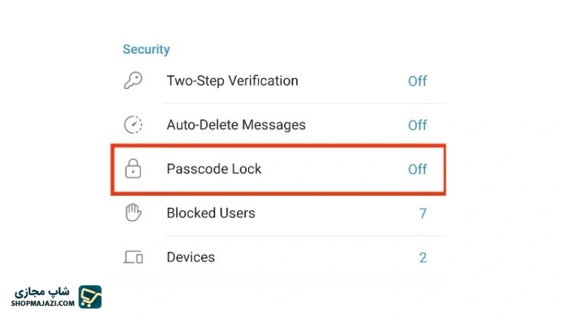 کلیک روی گزینه passcode lock جهت تببین رمز تلگرام | شاپ مجازی